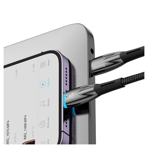USB кабель Baseus Glimmer, USB тип-C, Lightning, 100 см, 20 Вт, чорний, з індикатором, в нейлоновому обплетенні, #CADH000001 Прев'ю 1