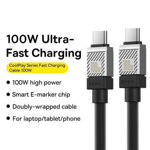 USB кабель Baseus Coolplay Series, 2xUSB тип-C, 200 см, 100 Вт, черный, силиконовый, #CAKW000301 Превью 2
