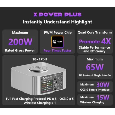 Mains Charger Mechanic X-Power Plus, (200 W, Quick Charge, Power Delivery (PD), with wireless charger, 10 ports) Preview 1