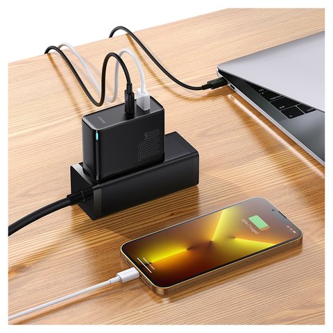 Adaptador de red Baseus GaN5 Pro, 100 W, Quick Charge, negro, con cable USB tipo C - USB tipo C, 2 puertos, #CCGP090201 Vista previa  3