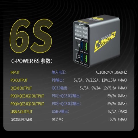 Мережевий зарядний пристрій Mechanic C-Power 6S, 50 Вт, Quick Charge, Power Delivery (PD), 6 портів Прев'ю 1
