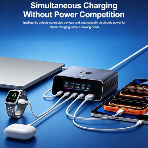 Мережевий зарядний пристрій RELIFE Q8, 165 Вт, Quick Charge, Power Delivery (PD), сірий, 5 портів Прев'ю 5
